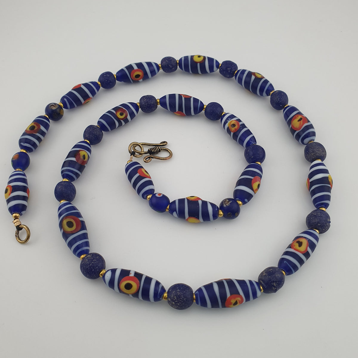 Antique Venetian African Style Stripe Eyes & Blue Glass Beads Necklace