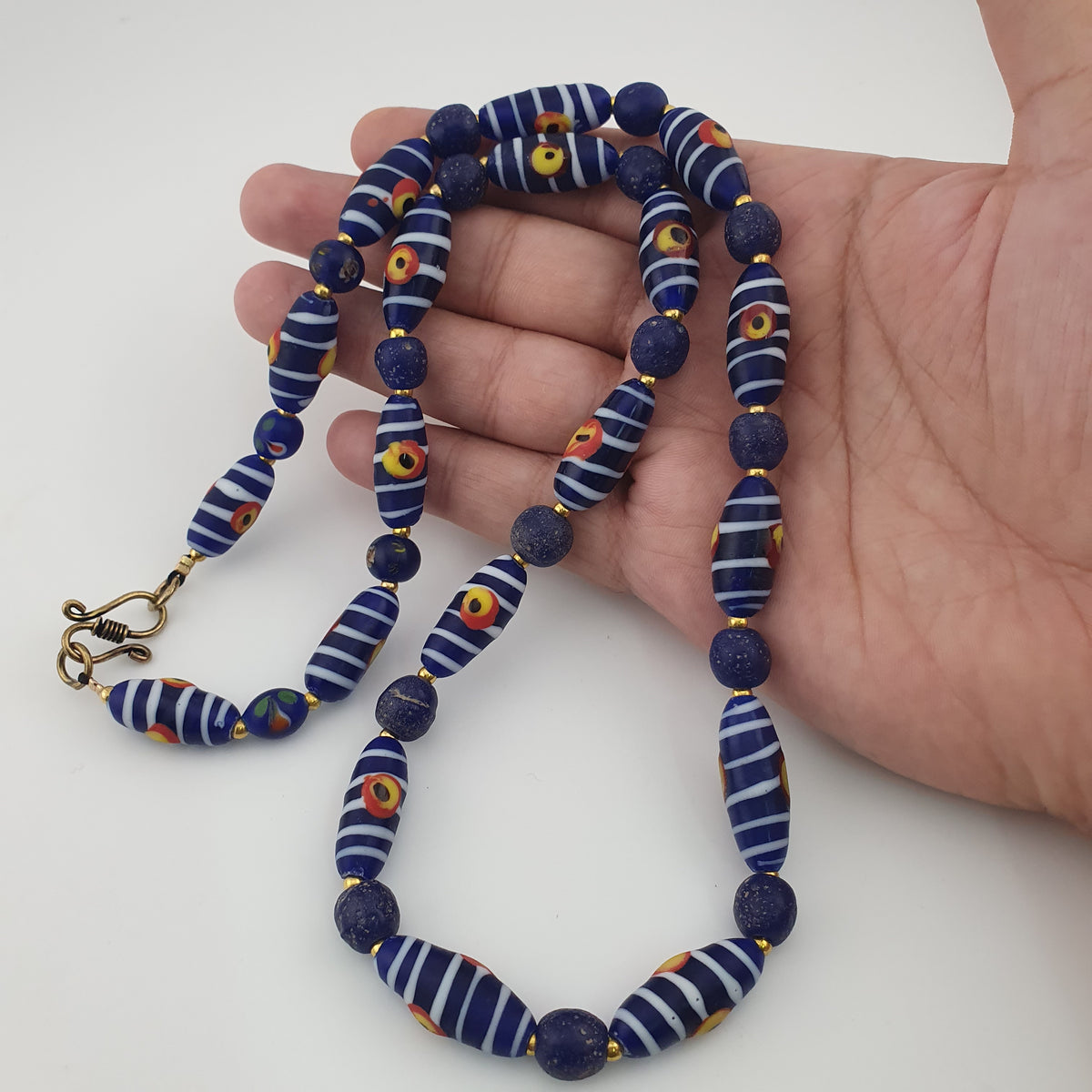 Antique Venetian African Style Stripe Eyes & Blue Glass Beads Necklace