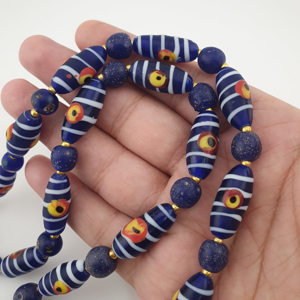 Antique Venetian African Style Stripe Eyes & Blue Glass Beads Necklace
