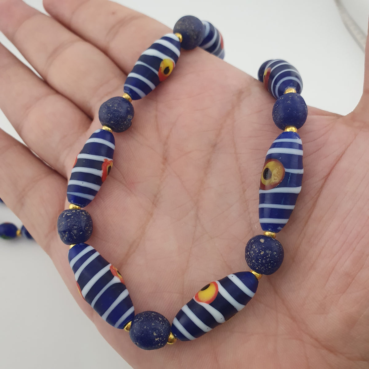 Antique Venetian African Style Stripe Eyes & Blue Glass Beads Necklace