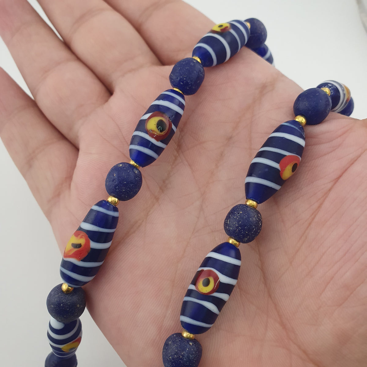 Antique Venetian African Style Stripe Eyes & Blue Glass Beads Necklace