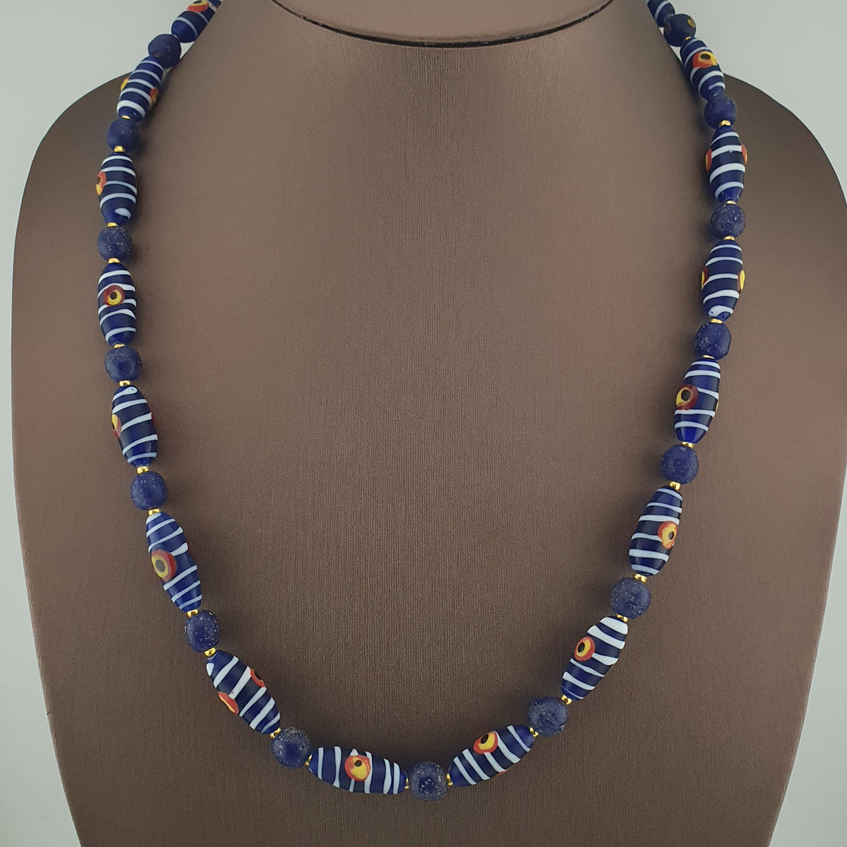 Antique Venetian African Style Stripe Eyes & Blue Glass Beads Necklace