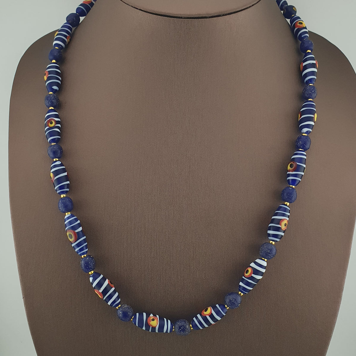 Antique Venetian African Style Stripe Eyes & Blue Glass Beads Necklace
