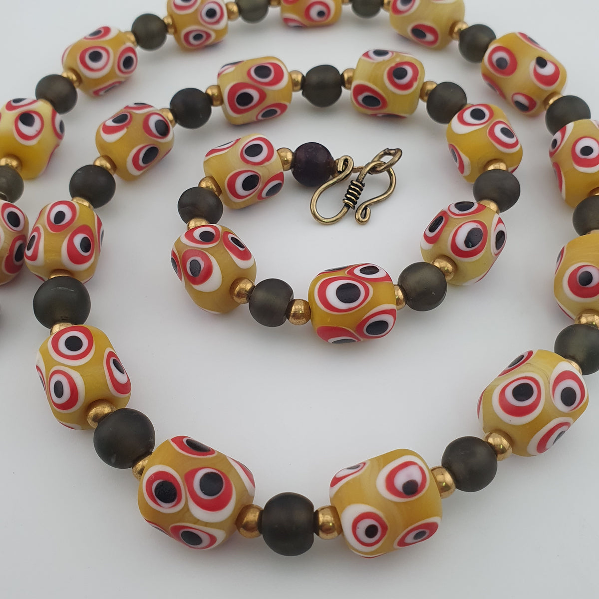 Antique Venetian African Style Thousand Eyes & Black Glass Beads Necklace