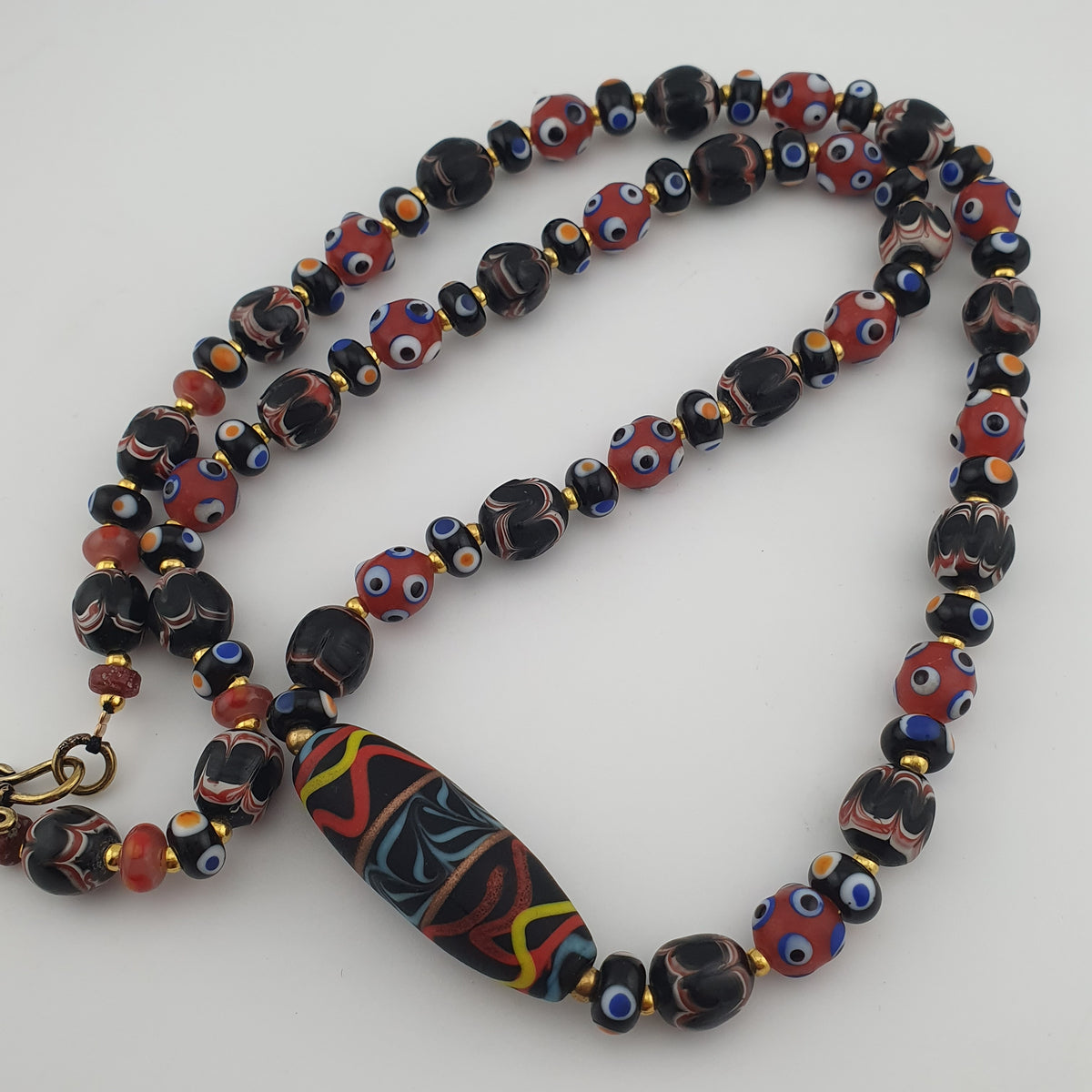 Vintage Venetian Style Mix Glass Beads With Handmade Glass Pendant Necklace