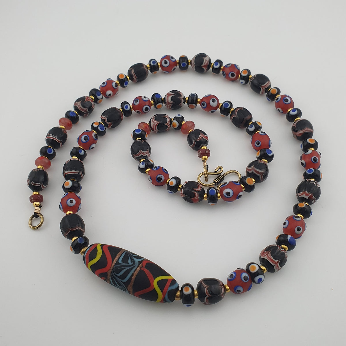 Vintage Venetian Style Mix Glass Beads With Handmade Glass Pendant Necklace