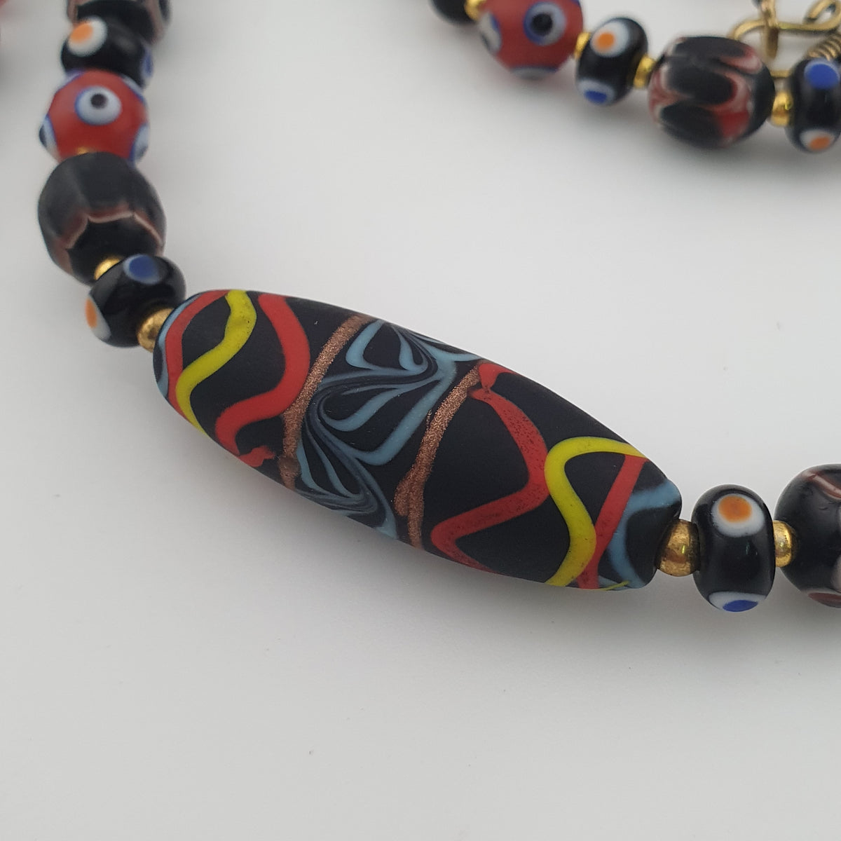 Vintage Venetian Style Mix Glass Beads With Handmade Glass Pendant Necklace