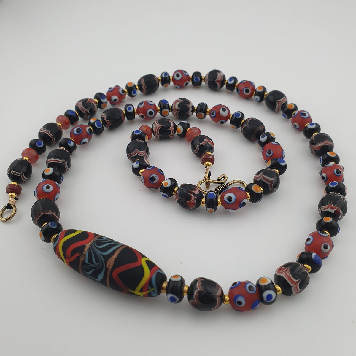Vintage Venetian Style Mix Glass Beads With Handmade Glass Pendant Necklace