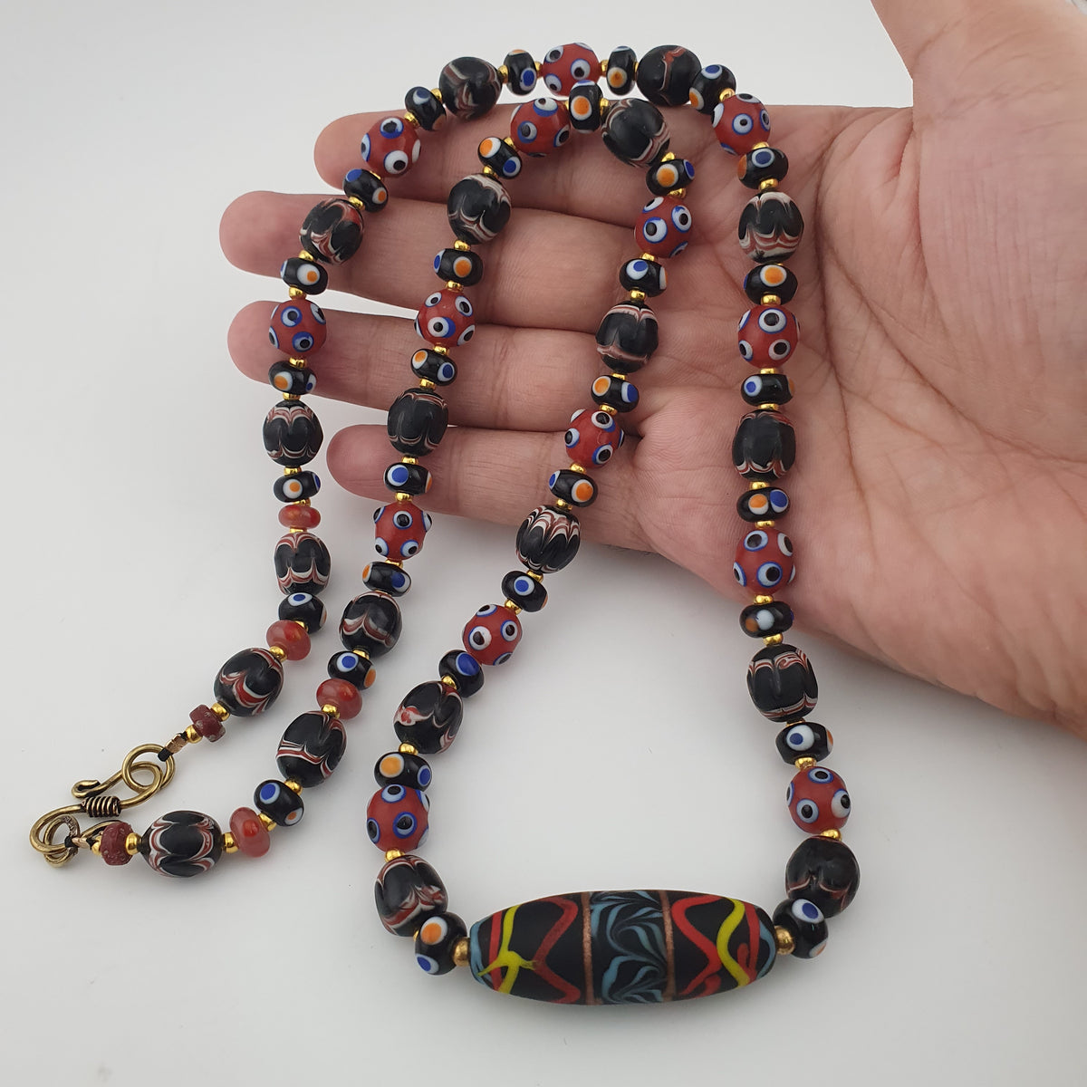 Vintage Venetian Style Mix Glass Beads With Handmade Glass Pendant Necklace