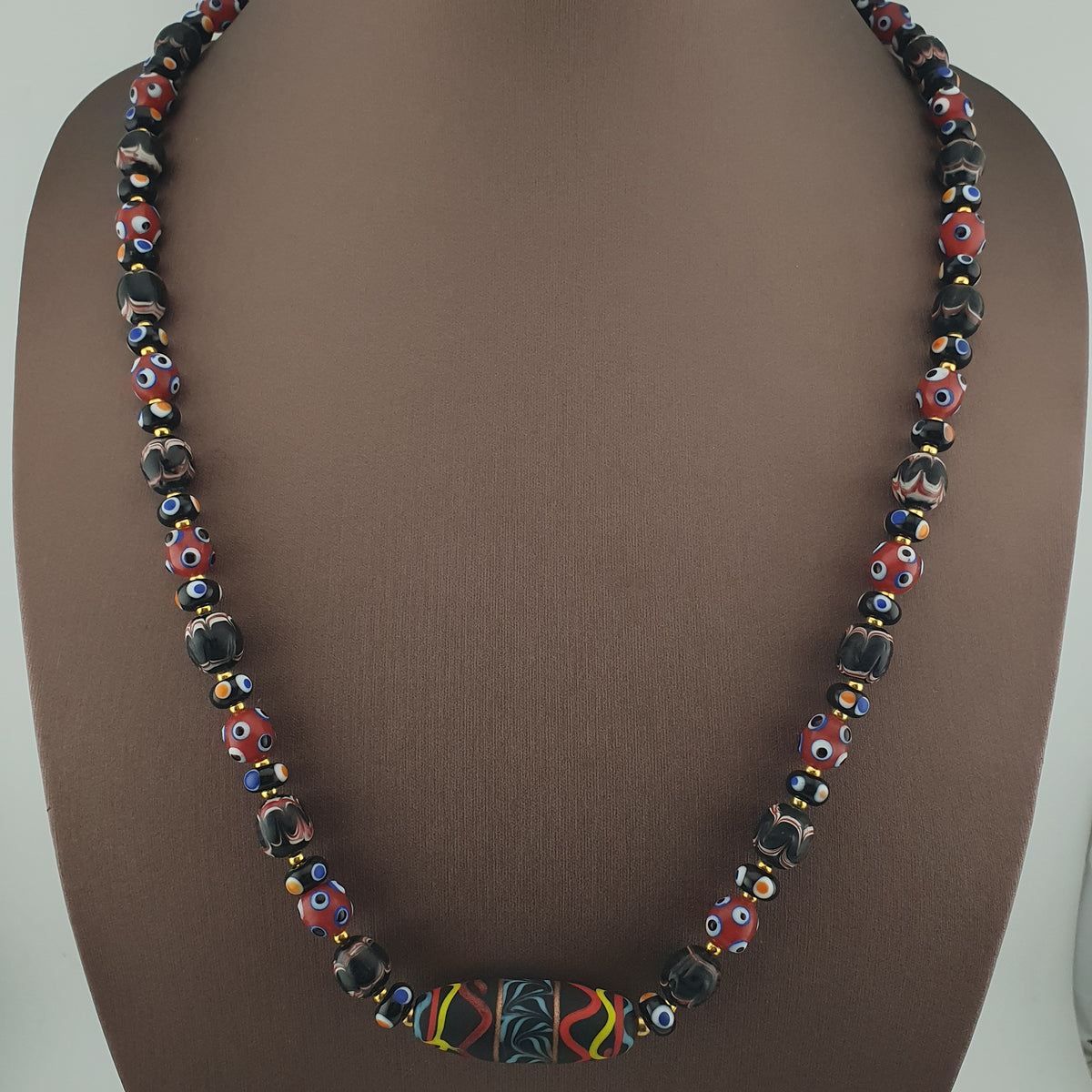 Vintage Venetian Style Mix Glass Beads With Handmade Glass Pendant Necklace