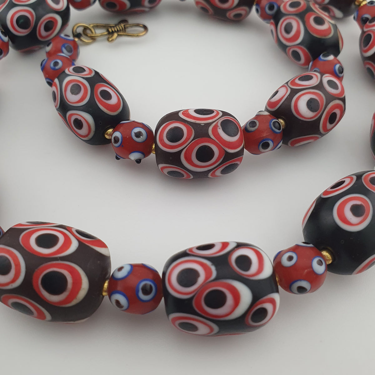 Antique Venetian Style Skunk Eyes Glass Big Beads Necklace