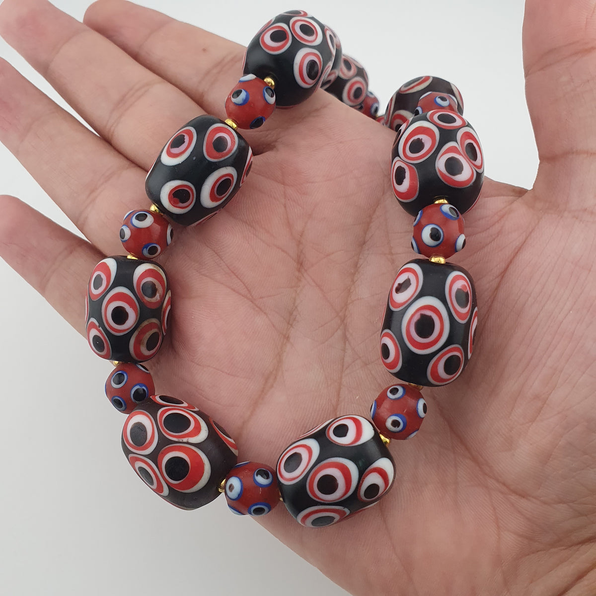 Antique Venetian Style Skunk Eyes Glass Big Beads Necklace