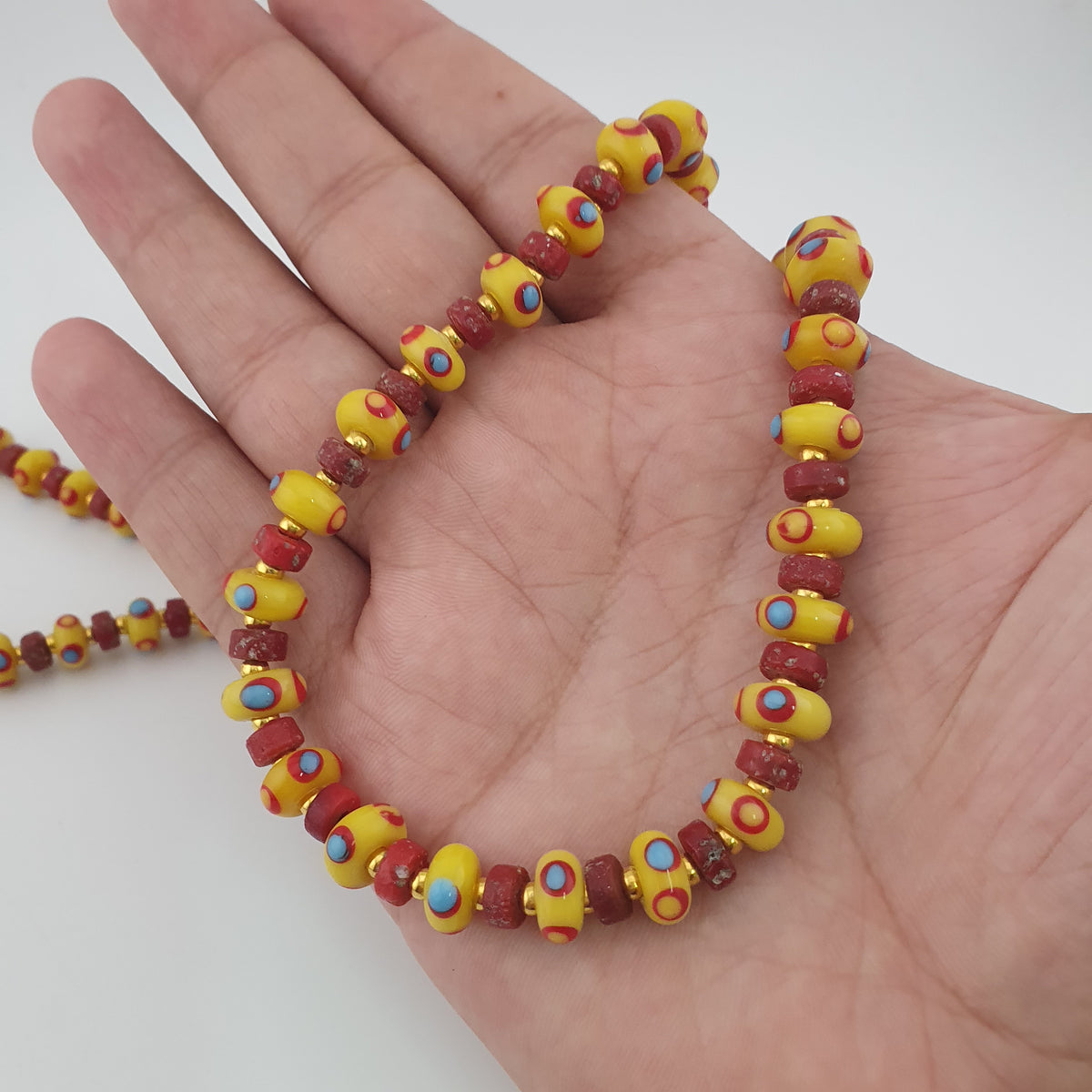 Antique Venetian African Eyes & Red African Tiny tire Shape Glass Beads Necklace