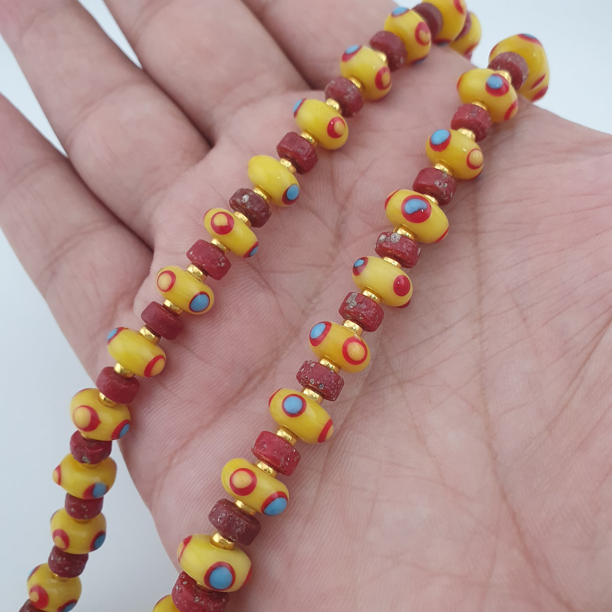 Antique Venetian African Eyes & Red African Tiny tire Shape Glass Beads Necklace