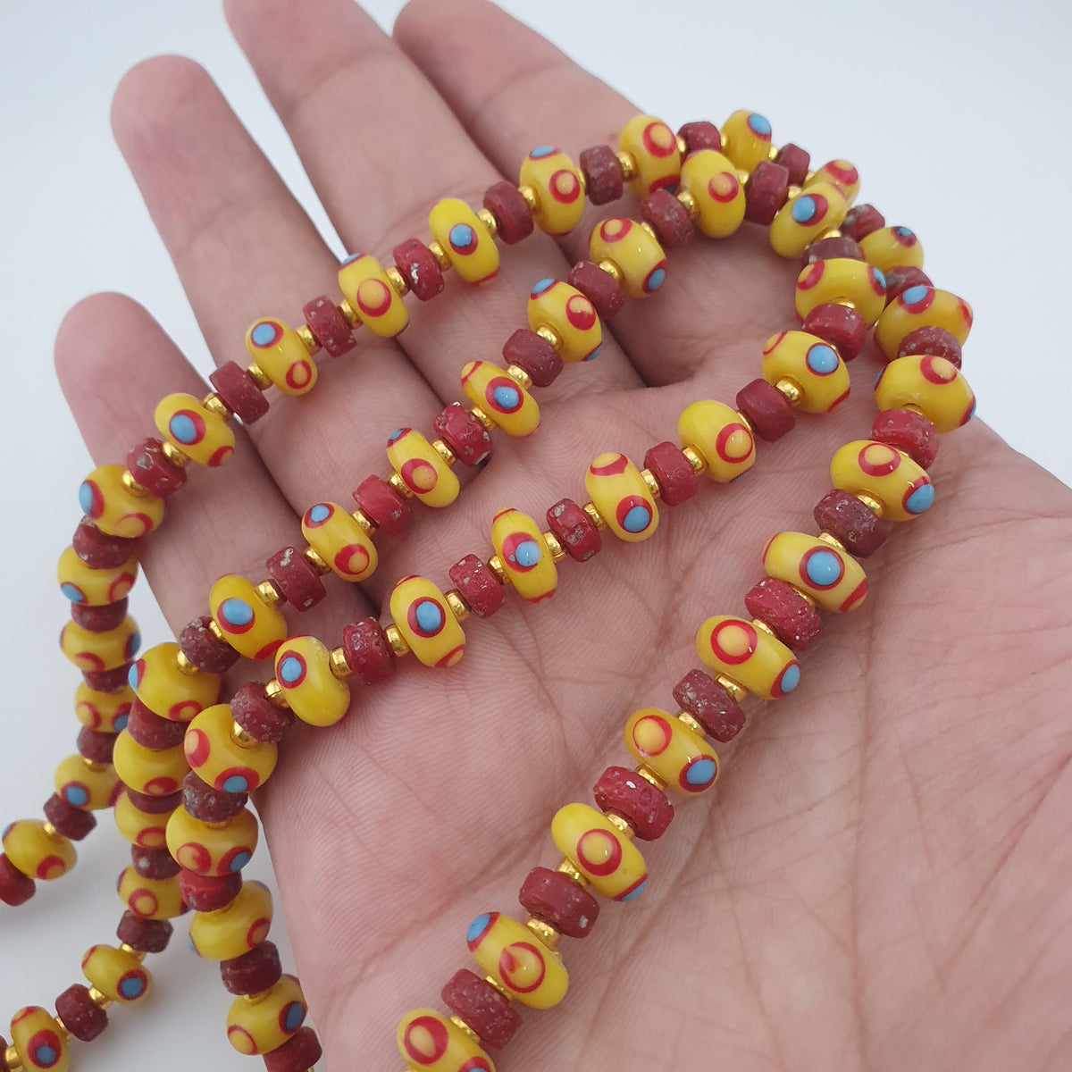 Antique Venetian African Eyes & Red African Tiny tire Shape Glass Beads Necklace