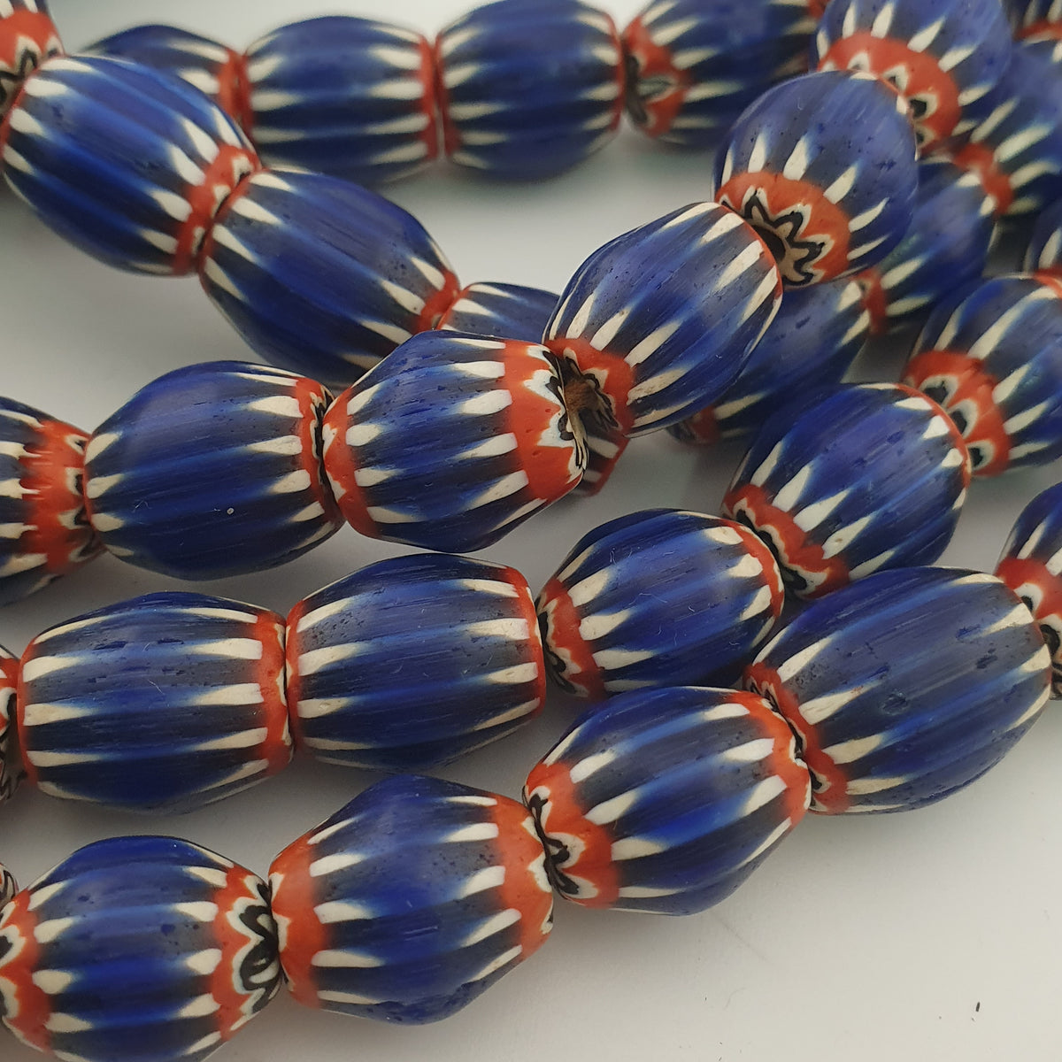 Antique Venetian Style Blue Chevron Glass Beads Necklace Strand