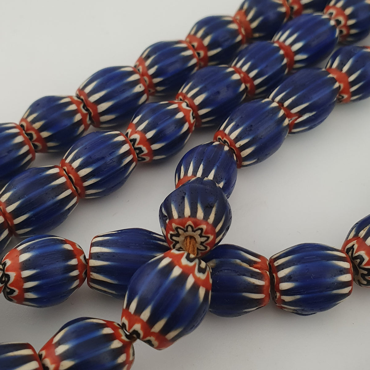 Antique Venetian Style Blue Chevron Glass Beads Necklace Strand