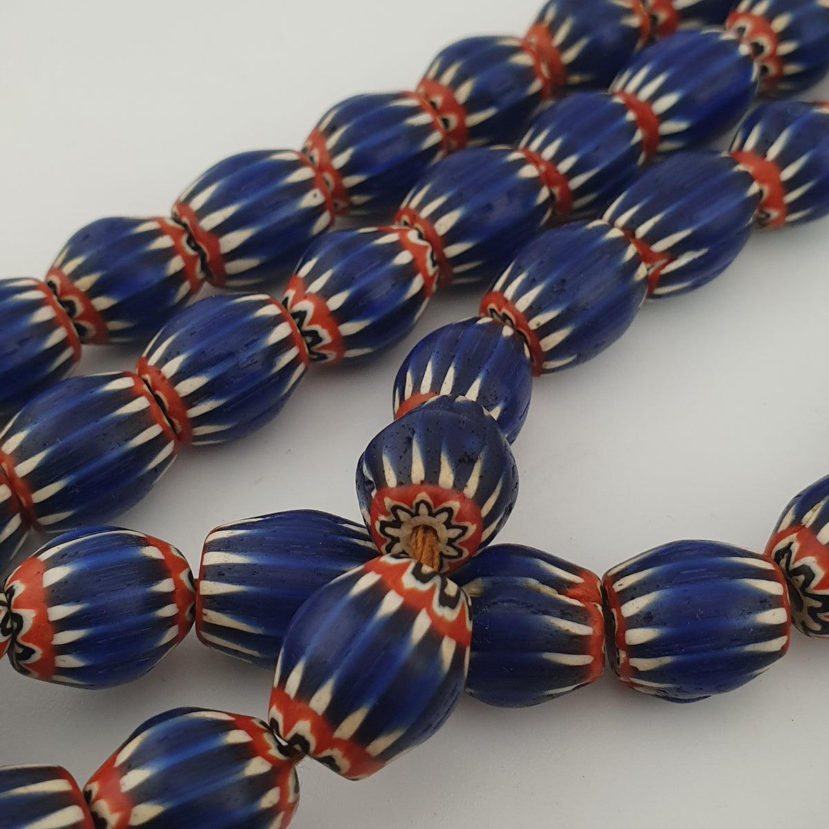 Antique Venetian Style Blue Chevron Glass Beads Necklace Strand