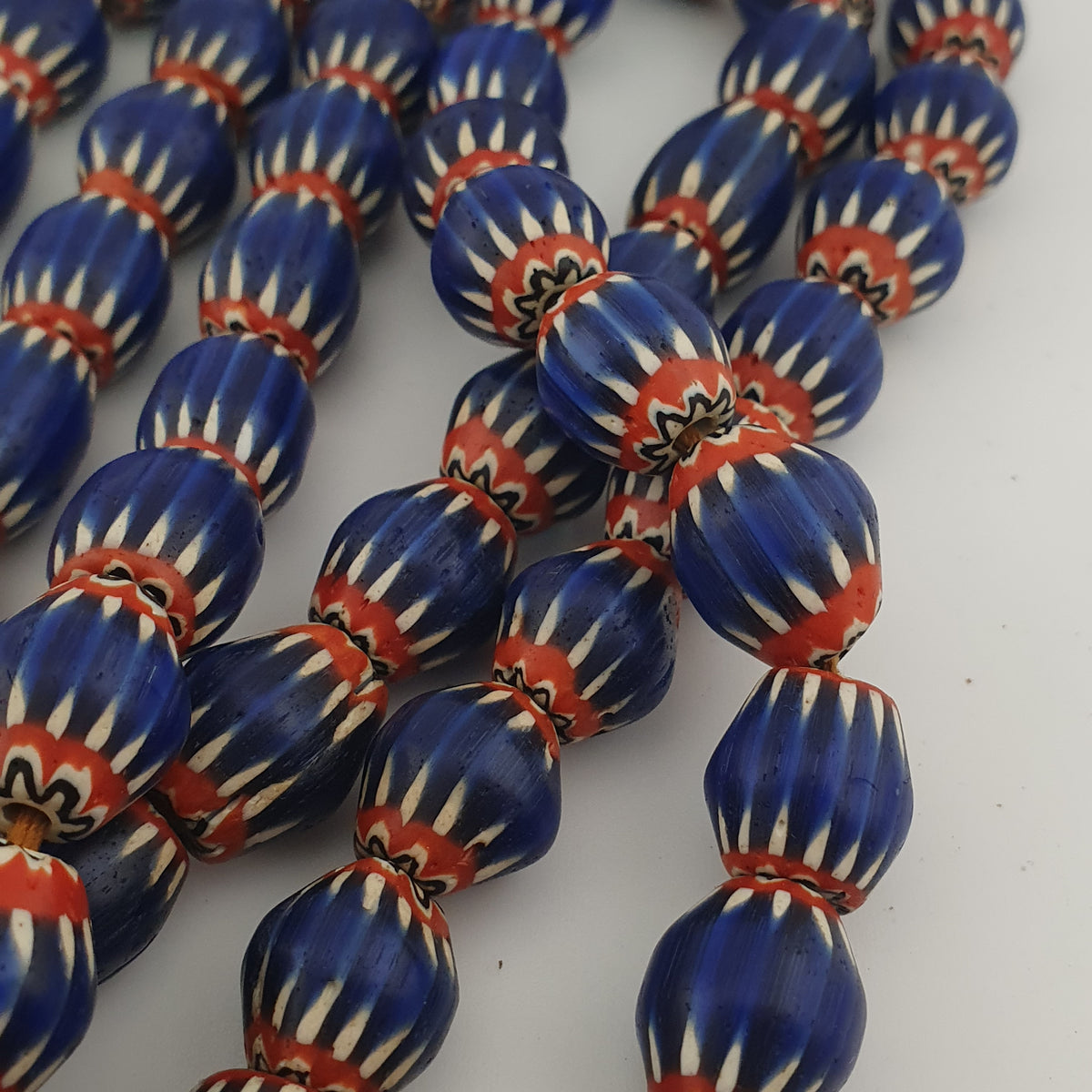 Antique Venetian Style Blue Chevron Glass Beads Necklace Strand