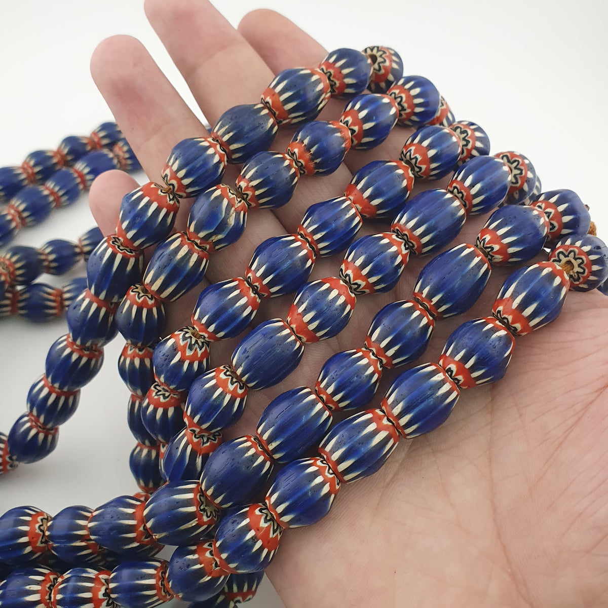 Antique Venetian Style Blue Chevron Glass Beads Necklace Strand