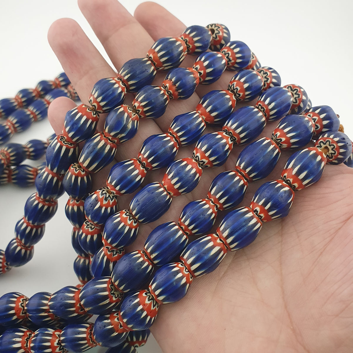 Antique Venetian Style Blue Chevron Glass Beads Necklace Strand