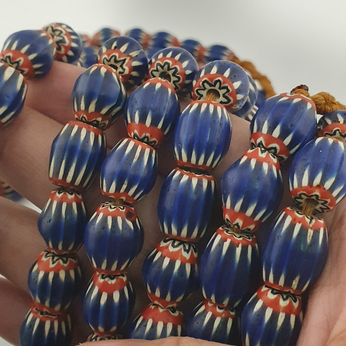 Antique Venetian Style Blue Chevron Glass Beads Necklace Strand