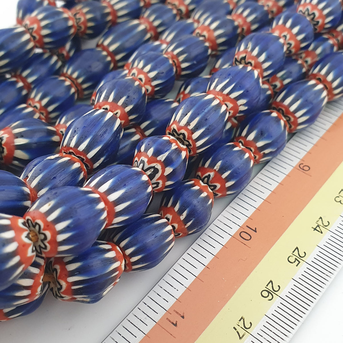 Antique Venetian Style Blue Chevron Glass Beads Necklace Strand