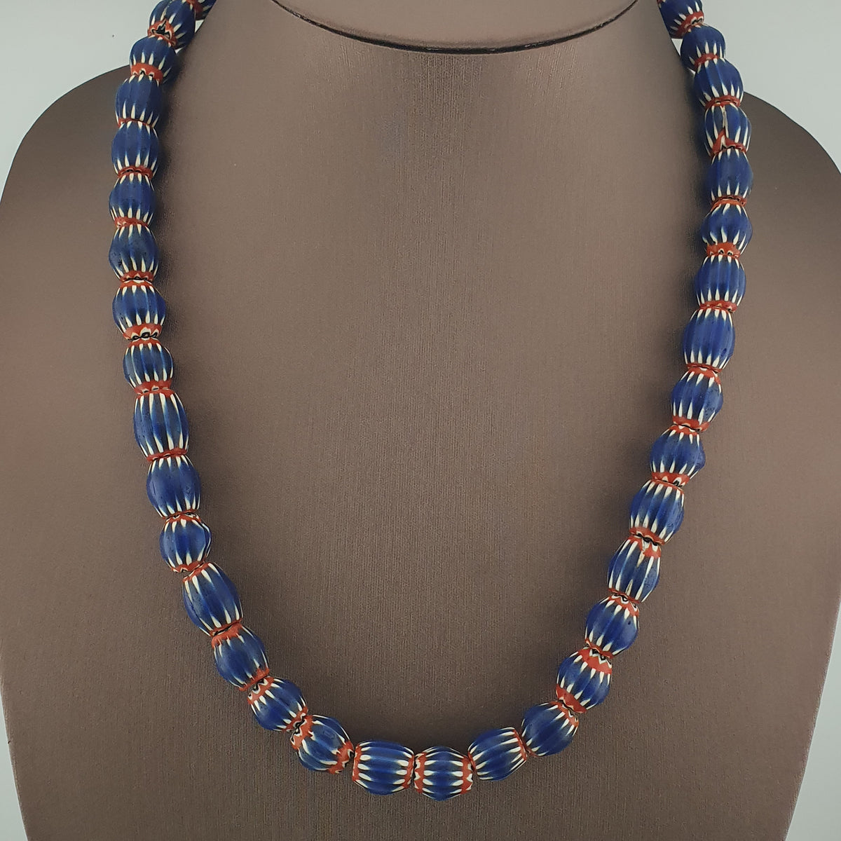 Antique Venetian Style Blue Chevron Glass Beads Necklace Strand