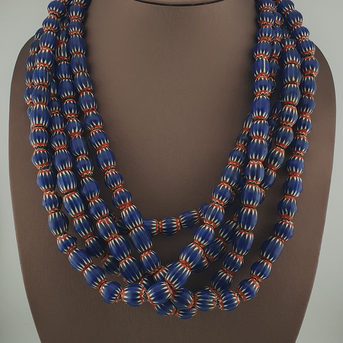 Antique Venetian Style Blue Chevron Glass Beads Necklace Strand