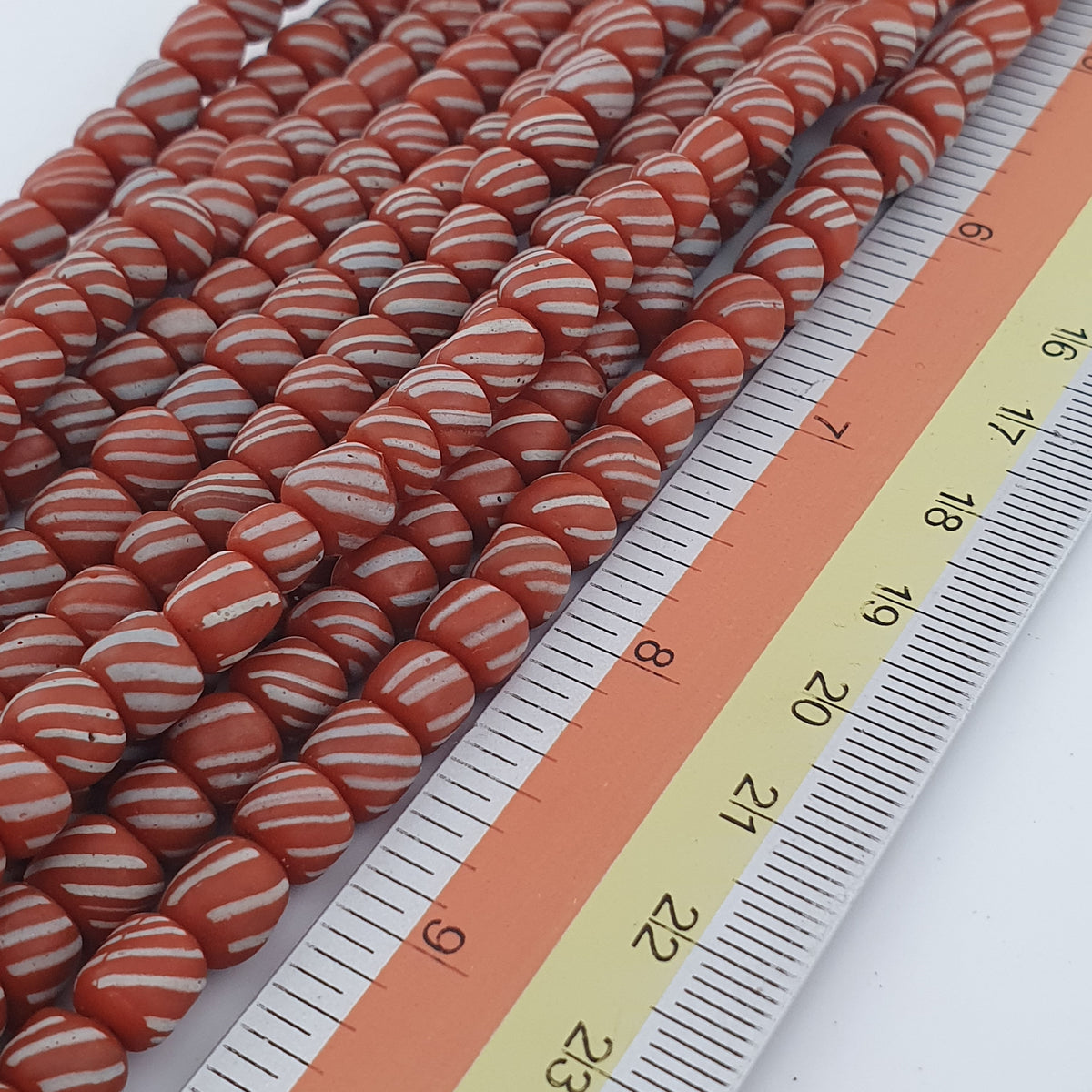 Vintage African white Stripe Orange 7.1mm - 7.5mm Glass Beads Necklace