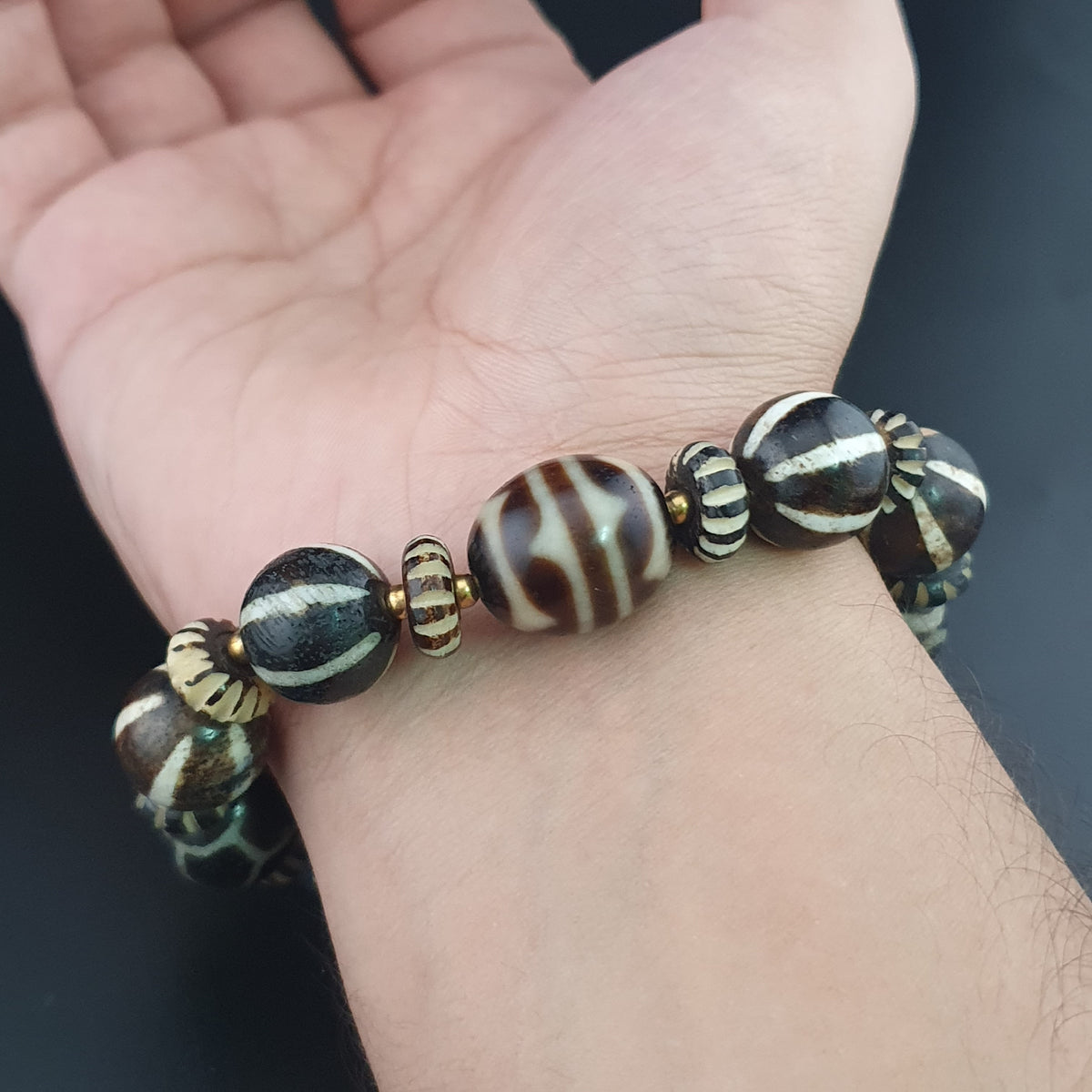 Antikes burmesisches Pumtek-Pyu- & Dzi-Achatperlenarmband