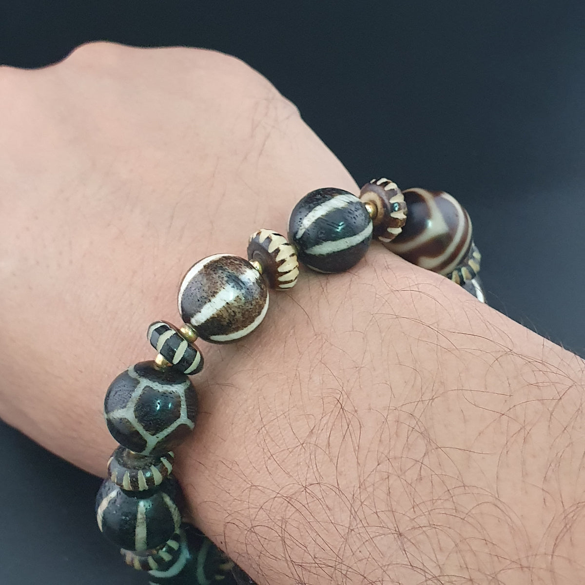 Antikes burmesisches Pumtek-Pyu- & Dzi-Achatperlenarmband