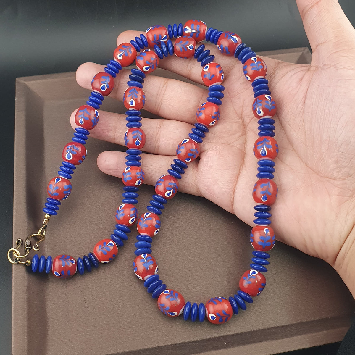 Vintage Venetian Style Floral Glass And tire Shape Blue Glass Beads Necklace