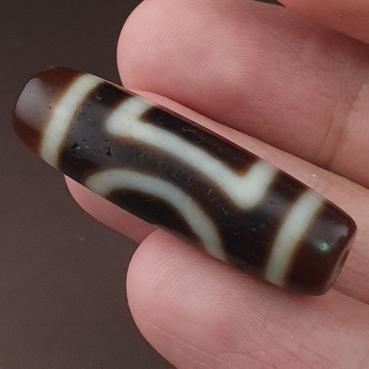 Pendentif Amulette Perle Dzi en Agate Oeil Circulaire & Carré Antique Tibétain de l'Himalaya