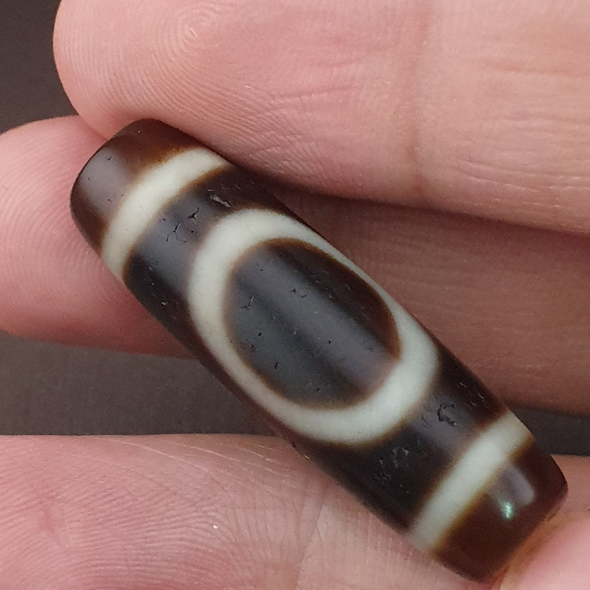 Pendentif Amulette Perle Dzi en Agate Oeil Circulaire & Carré Antique Tibétain de l'Himalaya