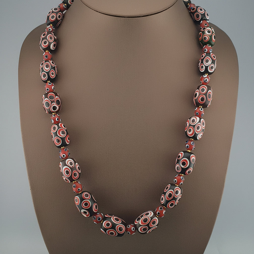 Collier de perles de verre millefiori et œil de moufette rouges antiques de style vénitien