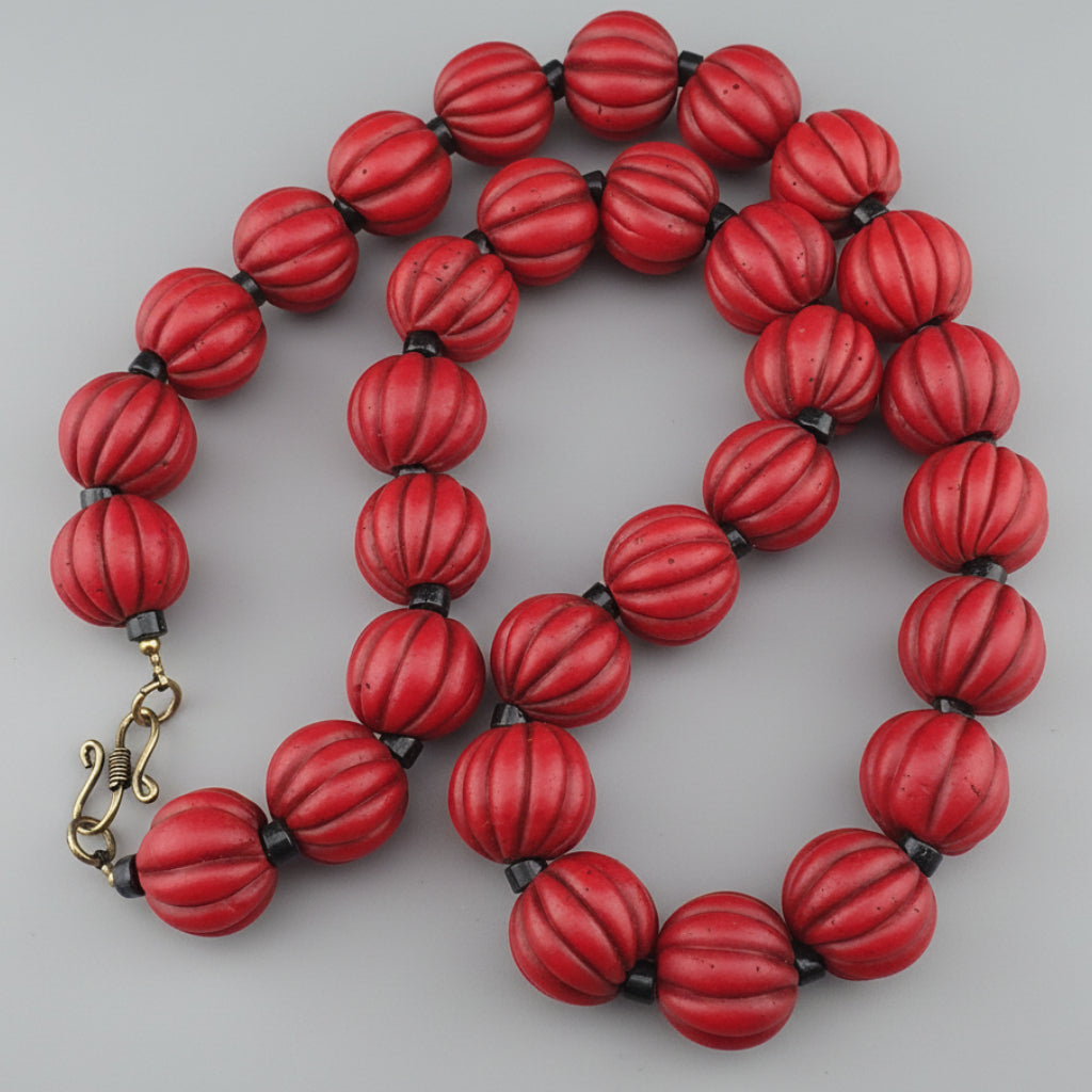 Antique African Style Deep Red Melon Shape Glass Beads Necklace