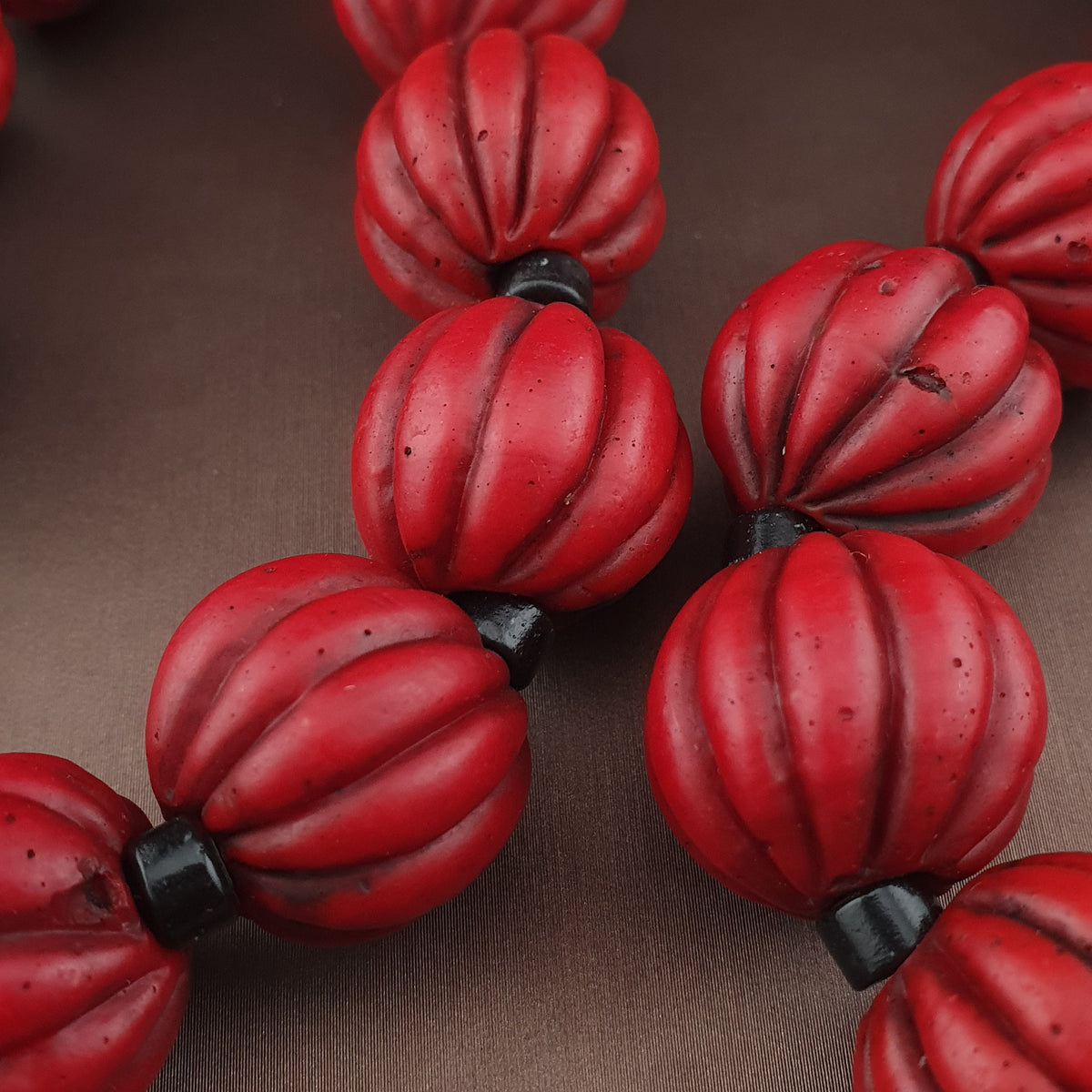 Antique African Style Deep Red Melon Shape Glass Beads Necklace