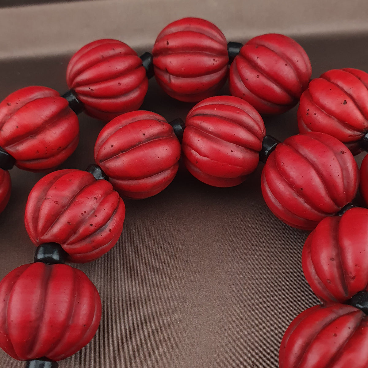 Antique African Style Deep Red Melon Shape Glass Beads Necklace