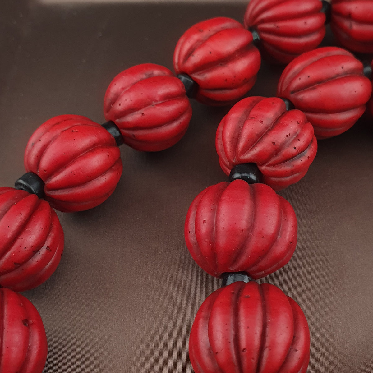 Antique African Style Deep Red Melon Shape Glass Beads Necklace