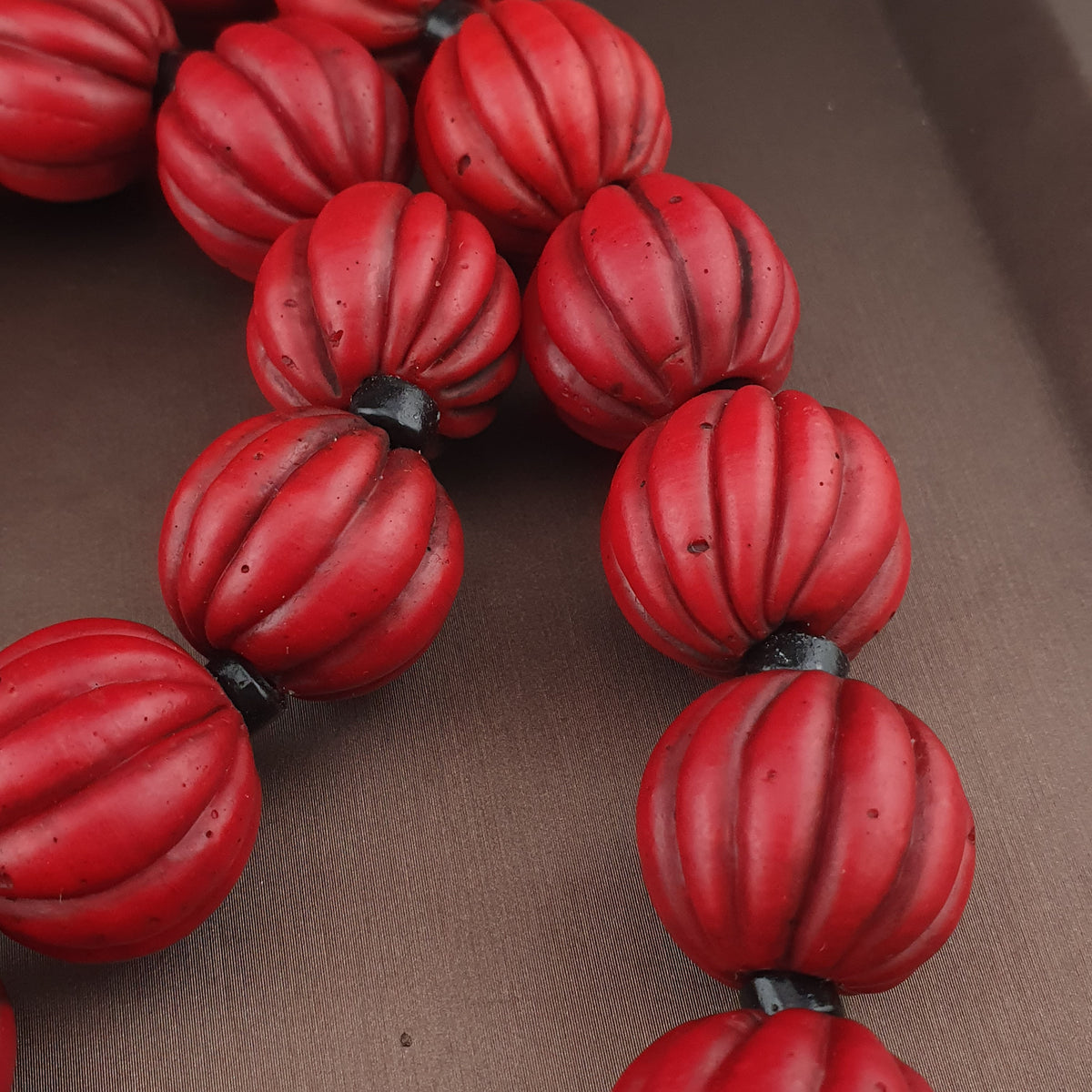 Antique African Style Deep Red Melon Shape Glass Beads Necklace