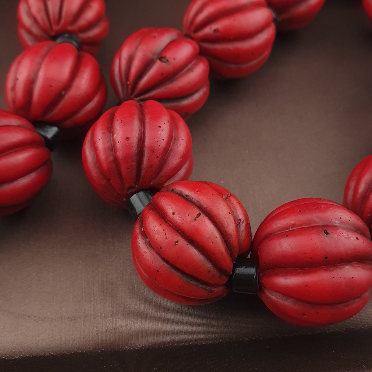 Antique African Style Deep Red Melon Shape Glass Beads Necklace
