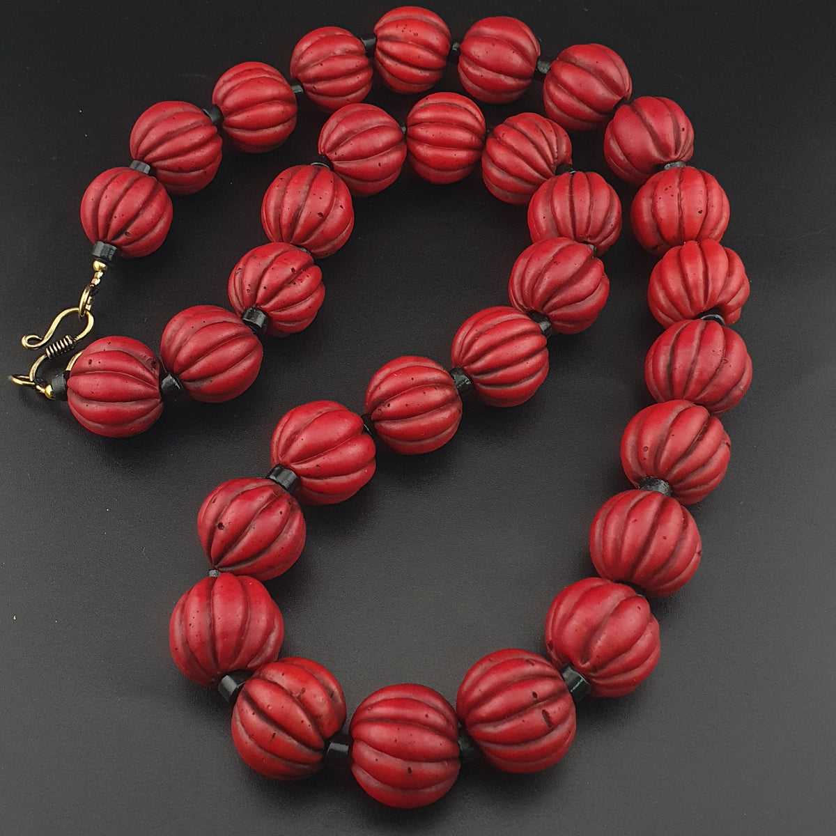 Antique African Style Deep Red Melon Shape Glass Beads Necklace