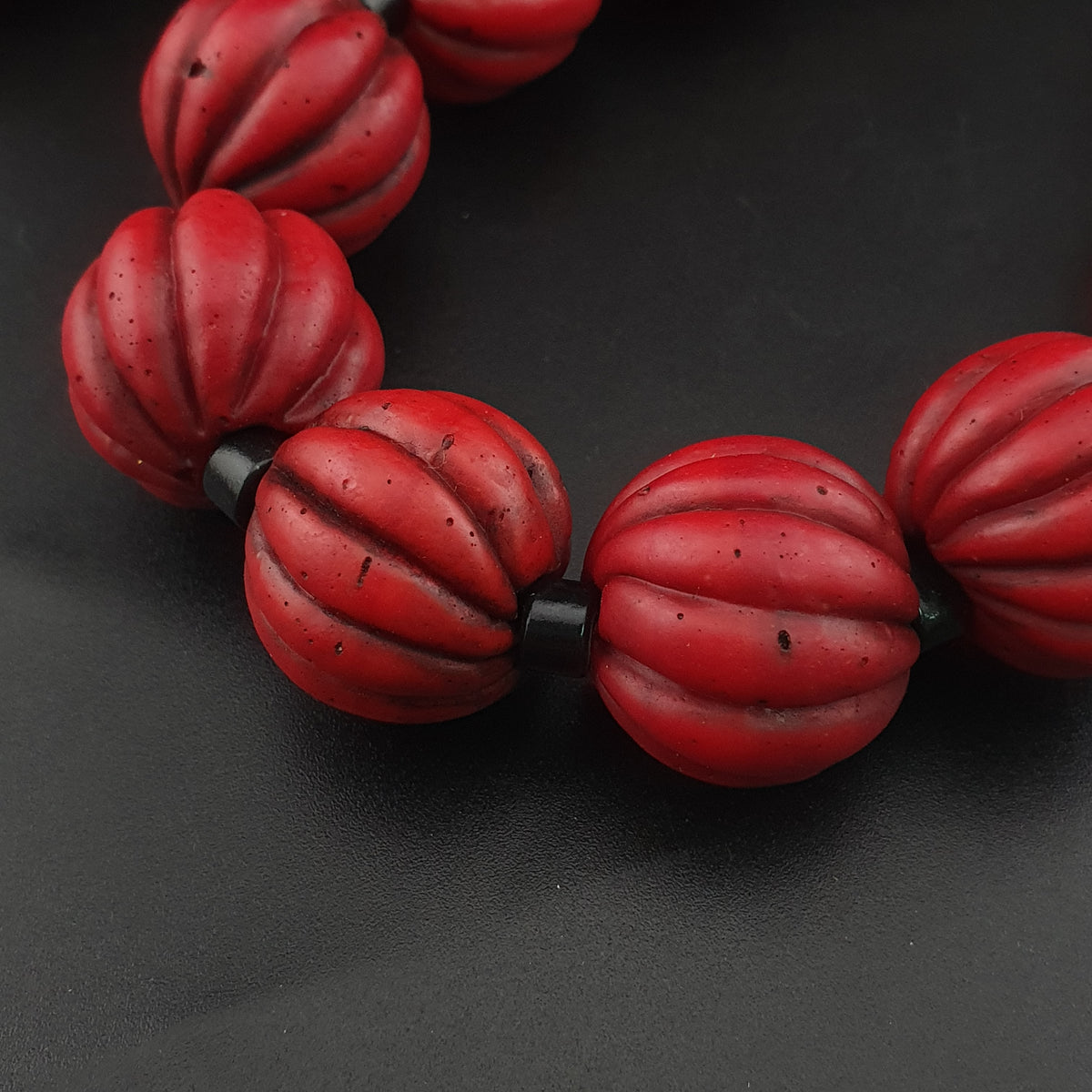 Antique African Style Deep Red Melon Shape Glass Beads Necklace