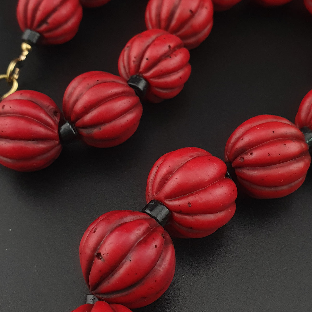 Antique African Style Deep Red Melon Shape Glass Beads Necklace