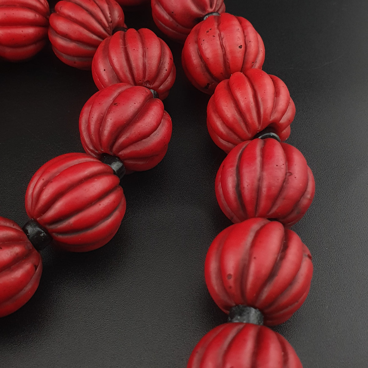 Antique African Style Deep Red Melon Shape Glass Beads Necklace