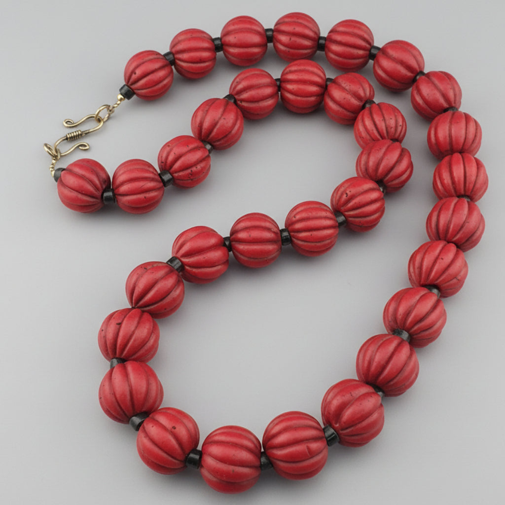 Antique African Style Deep Red Melon Shape Glass Beads Necklace