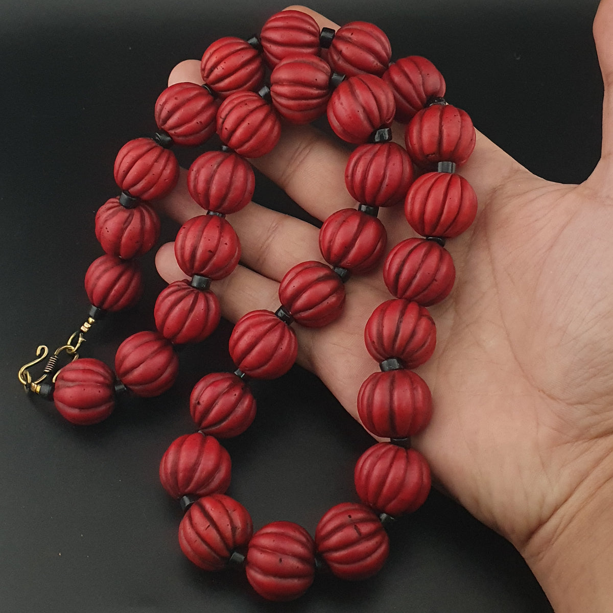 Antique African Style Deep Red Melon Shape Glass Beads Necklace