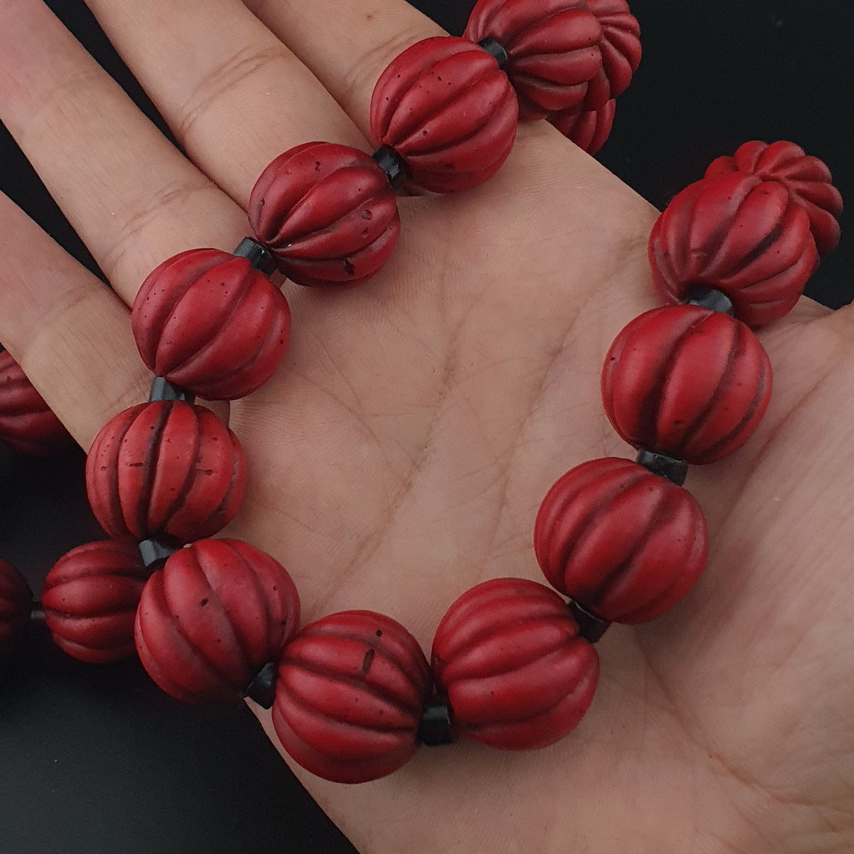 Antique African Style Deep Red Melon Shape Glass Beads Necklace