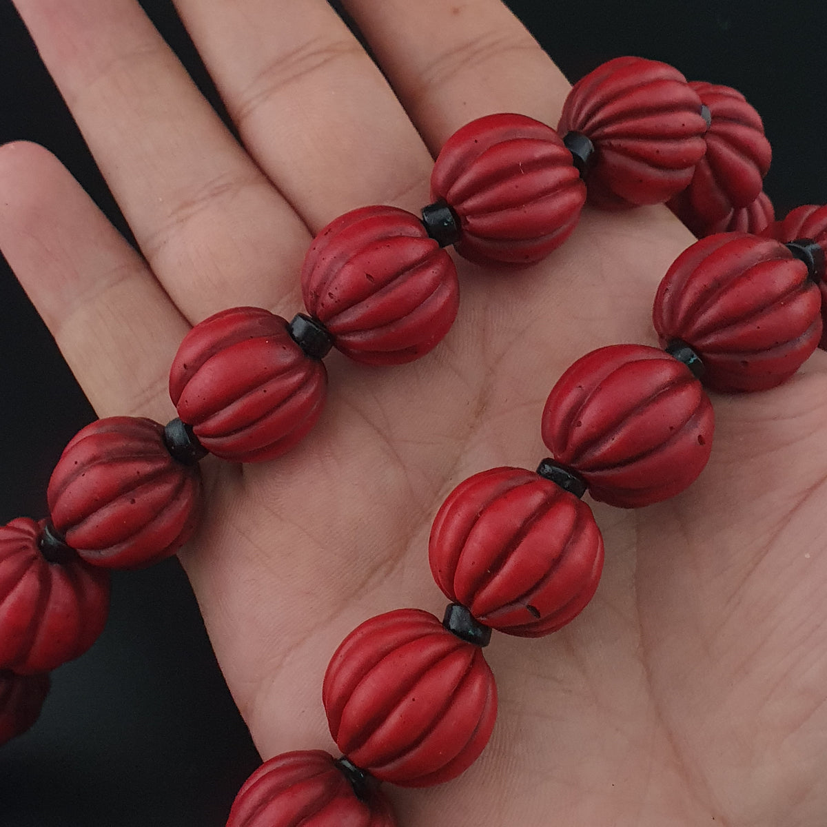 Antique African Style Deep Red Melon Shape Glass Beads Necklace